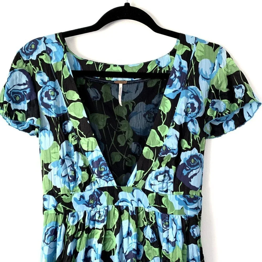 Free People Size 12 Floral Silk Flare Tulle Midi Dress Tie Back V-Neck - Picture 4 of 9
